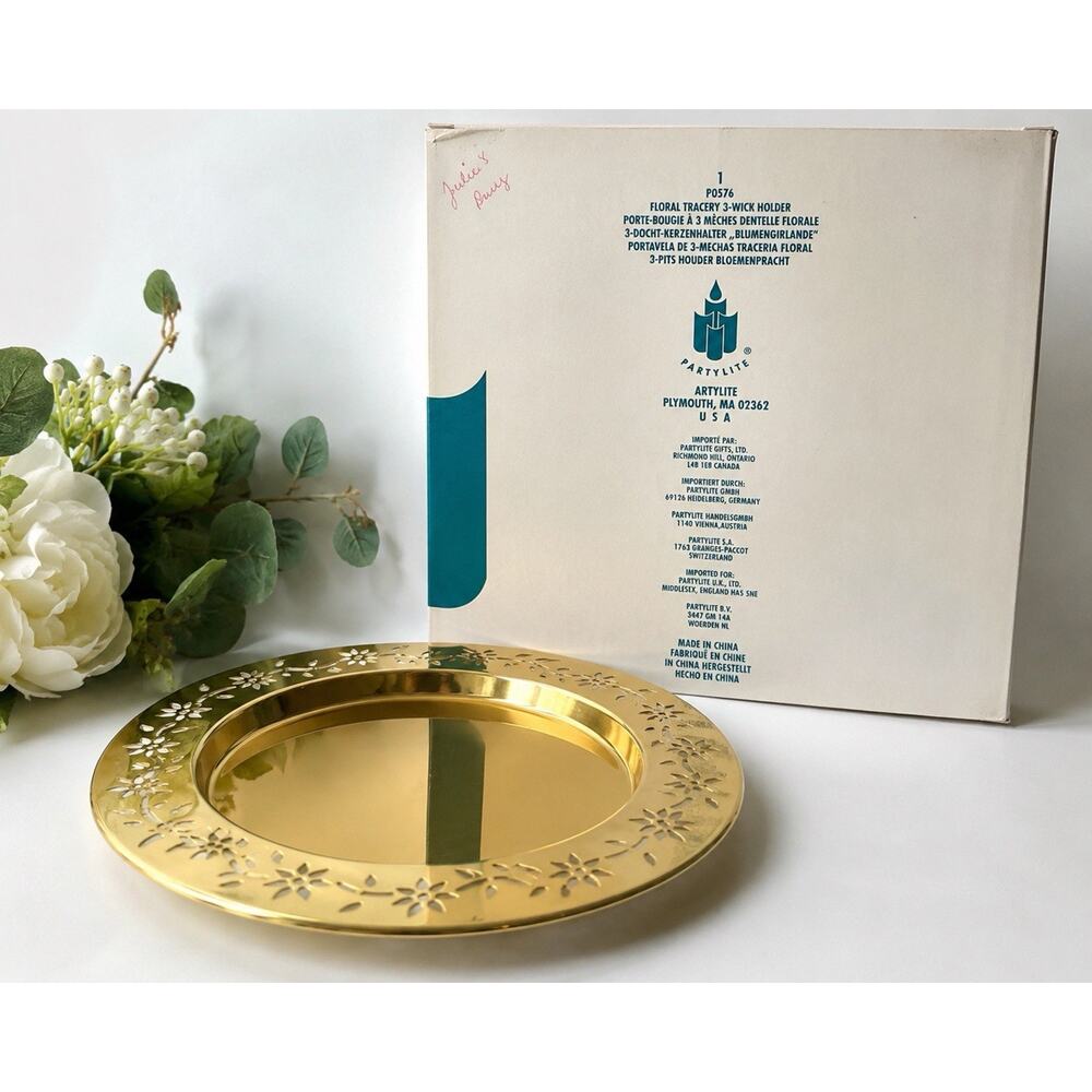 Vintage PartyLite P0576 Floral Tracery 3 Wick Holder Gold Metal Tray Box